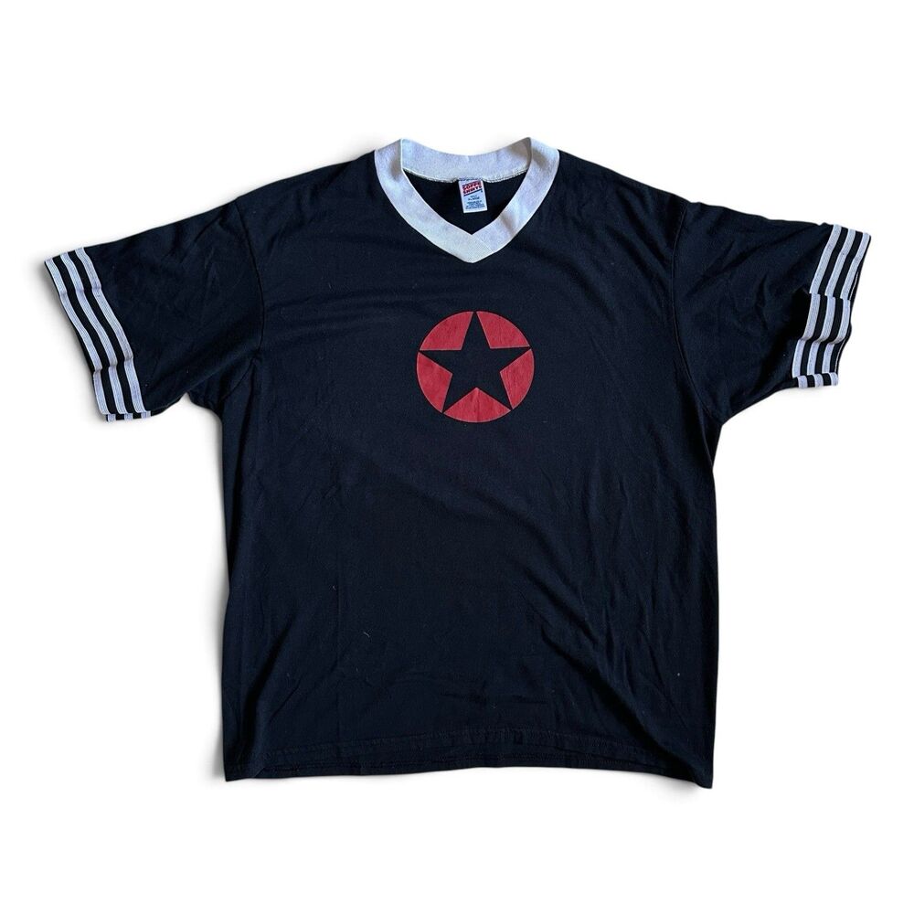 Vintage 90s Soffe Shirts Red Star Ringer T-Shirt XL Black USA Glam Punk Grunge